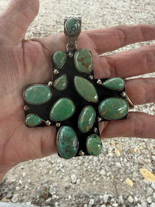 Kingman Turquoise Statement Cross Pendant – German Silver - Barbwire n Bougie Boutique
