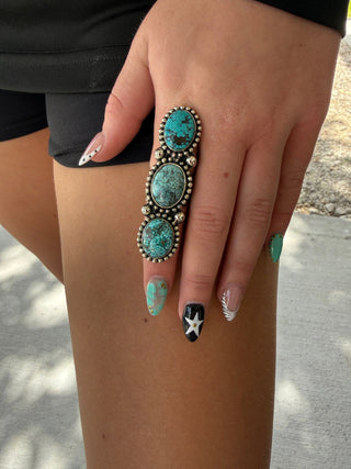 Kingman Turquoise Triple Stone Adjustable Statement Ring – German Tibetan Silver - Barbwire n Bougie Boutique