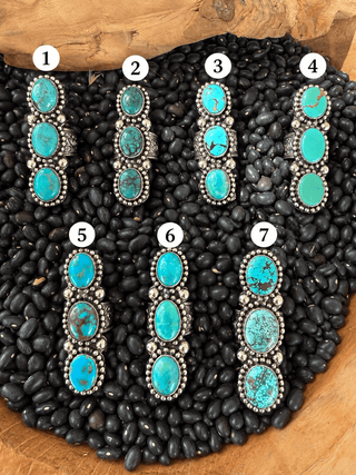 Kingman Turquoise Triple Stone Adjustable Statement Ring – German Tibetan Silver - Barbwire n Bougie Boutique
