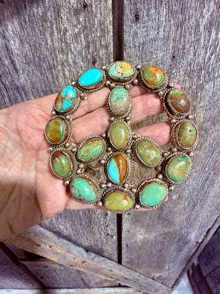 Large German Silver Kingman Turquoise Peace Sign Belt Buckle - Barbwire n Bougie Boutique