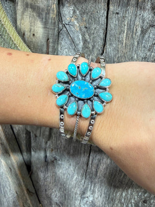 Large Sterling Silver Turquoise Cluster Cuff Bracelet | Golden Hills, Sonoran Gold & Kingman Turquoise - Barbwire n Bougie Boutique