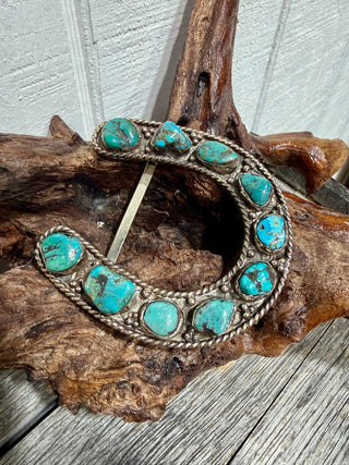 Large Tibetan German Silver Horseshoe Belt Buckle with Kingman Turquoise | Western Statement Buckle - Barbwire n Bougie Boutique