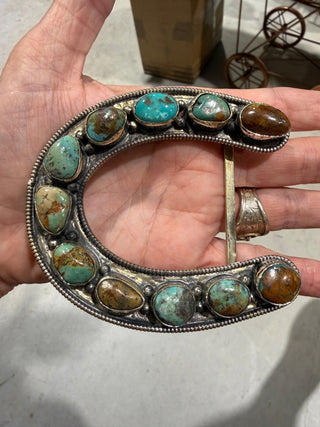 Large Tibetan German Silver Horseshoe Belt Buckle with Kingman Turquoise | Western Statement Buckle - Barbwire n Bougie Boutique