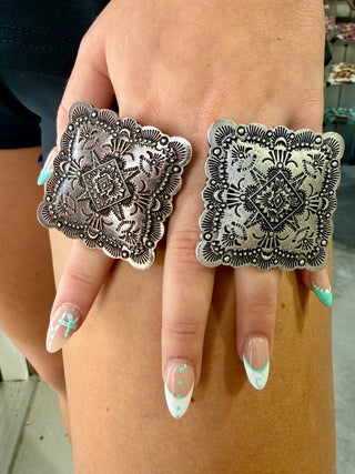 Large Western Concho Statement Ring – Adjustable Silver Boho Cowgirl Ring- 2 Colors - Barbwire n Bougie Boutique