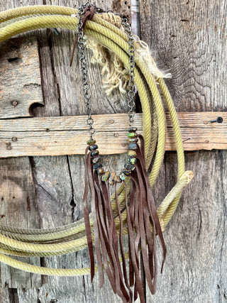 Leather Fringe & Turquoise Nugget Necklace – Western Cowgirl Statement Jewelry - Barbwire n Bougie Boutique