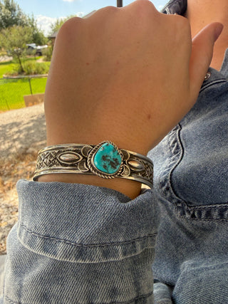 Leonard Maloney Turquoise Sterling Silver Stamped Cuff Bracelet - Barbwire n Bougie Boutique