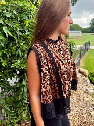Leopard Lace Trim Flutter Top | Boho Animal Print Button Front Blouse - Barbwire n Bougie Boutique