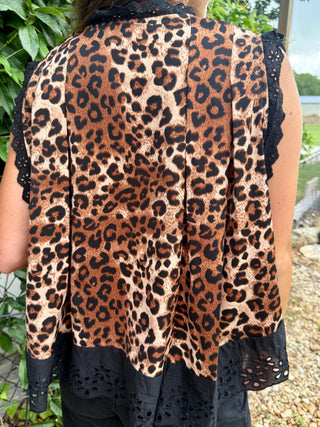 Leopard Lace Trim Flutter Top | Boho Animal Print Button Front Blouse - Barbwire n Bougie Boutique
