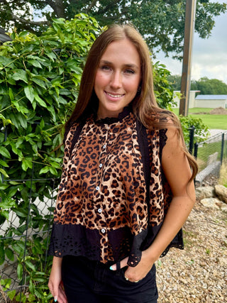 Leopard Lace Trim Flutter Top | Boho Animal Print Button Front Blouse - Barbwire n Bougie Boutique
