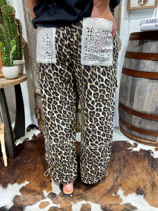 Leopard Patchwork Crochet Barrel Pants | Boho Wide Leg Cargo Pants - Barbwire n Bougie Boutique