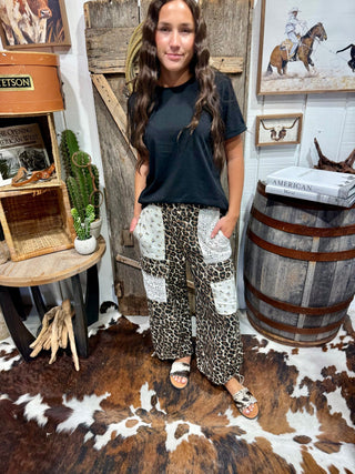Leopard Patchwork Crochet Barrel Pants | Boho Wide Leg Cargo Pants - Barbwire n Bougie Boutique