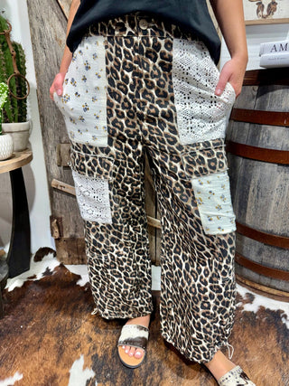 Leopard Patchwork Crochet Barrel Pants | Boho Wide Leg Cargo Pants - Barbwire n Bougie Boutique
