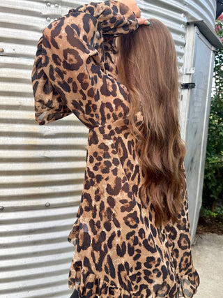 Leopard Print Chiffon Bow Tie Blouse | Flowy High Low Ruffle Hem Statement Top - Barbwire n Bougie Boutique