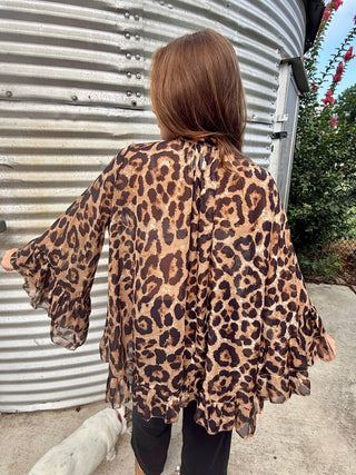 Leopard Print Chiffon Bow Tie Blouse | Flowy High Low Ruffle Hem Statement Top - Barbwire n Bougie Boutique