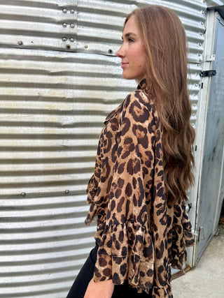 Leopard Print Chiffon Bow Tie Blouse | Flowy High Low Ruffle Hem Statement Top - Barbwire n Bougie Boutique