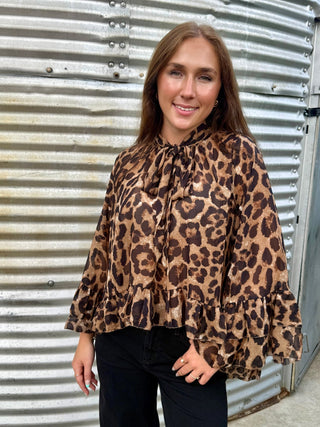 Leopard Print Chiffon Bow Tie Blouse | Flowy High Low Ruffle Hem Statement Top - Barbwire n Bougie Boutique