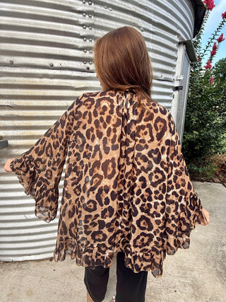 Leopard Print Chiffon Bow Tie Blouse | Flowy High Low Ruffle Hem Statement Top - Barbwire n Bougie Boutique