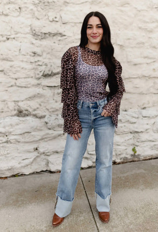 Leopard Print Mesh Top for Women – Brown Cheetah Ruffle Sleeve Shirt, Western Boutique Long Sleeve Fitted Top - Barbwire n Bougie Boutique