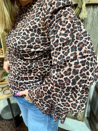 Leopard Print Mesh Top for Women – Brown Cheetah Ruffle Sleeve Shirt, Western Boutique Long Sleeve Fitted Top - Barbwire n Bougie Boutique