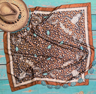 Leopard Rodeo Wild Rag Scarf – 36” x 36” Western Longhorn, Horseshoe & Turquoise Print - Barbwire n Bougie Boutique
