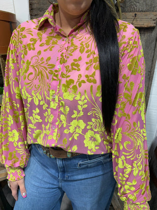 Lime Green & Pink Jacquard Floral Velvet Puff Sleeve Top Blouse -Western Dressy Top - Barbwire n Bougie Boutique