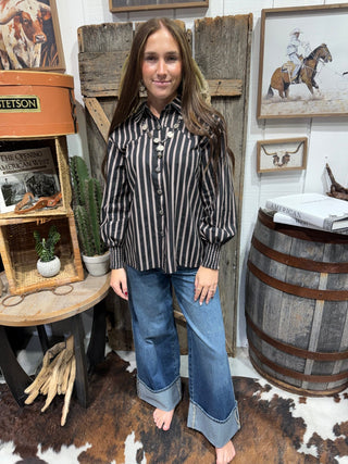 Line Dance Honey Striped Western Button-Up Top – Black - Barbwire n Bougie Boutique