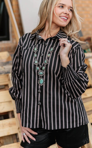 Line Dance Honey Striped Western Button-Up Top – Black - Barbwire n Bougie Boutique