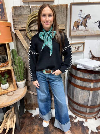 Lucky & Blessed Contrast Stitch Western Sweater – Plus Size Too! - Barbwire n Bougie Boutique