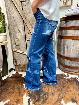 Lucky & Blessed Cowboy Hat Wide Leg Jeans | Mid Wash Western Patchwork Denim - Barbwire n Bougie Boutique