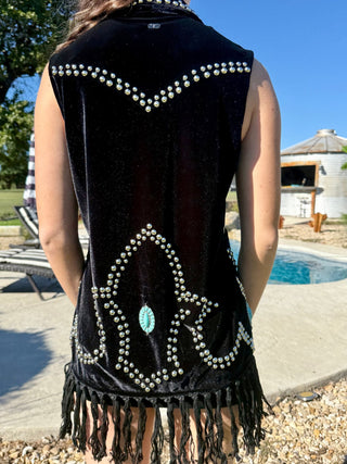 Midnight Rodeo Studded Velvet Fringe Vest - Barbwire n Bougie Boutique