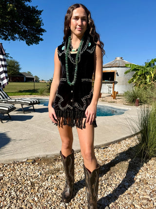 Midnight Rodeo Studded Velvet Fringe Vest - Barbwire n Bougie Boutique