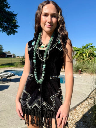 Midnight Rodeo Studded Velvet Fringe Vest - Barbwire n Bougie Boutique