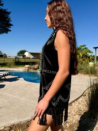 Midnight Rodeo Studded Velvet Fringe Vest - Barbwire n Bougie Boutique