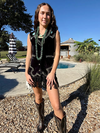 Midnight Rodeo Studded Velvet Fringe Vest - Barbwire n Bougie Boutique