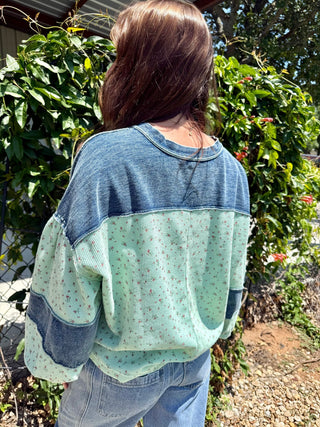 Mint Floral Waffle Knit Top for Women – Denim Contrast Balloon Sleeve Henley Pullover-Easel - Barbwire n Bougie Boutique