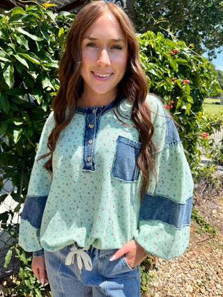 Mint Floral Waffle Knit Top for Women – Denim Contrast Balloon Sleeve Henley Pullover-Easel - Barbwire n Bougie Boutique