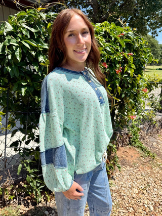 Mint Floral Waffle Knit Top for Women – Denim Contrast Balloon Sleeve Henley Pullover-Easel - Barbwire n Bougie Boutique