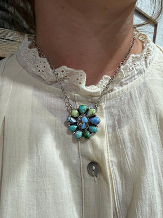 Mixed Sterling Silver & Turquoise Cluster Necklace | Golden Hills, Kingman, Palomino & Sonoran Gold Turquoise | Sterling Silver | 18” - Barbwire n Bougie Boutique