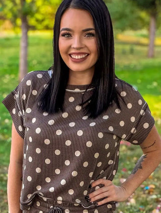 Mocha Dot Ribbed Polka Dot Short Sleeve Top – Brown & Cream - Barbwire n Bougie Boutique