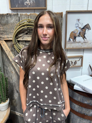 Mocha Dot Ribbed Polka Dot Short Sleeve Top – Brown & Cream - Barbwire n Bougie Boutique