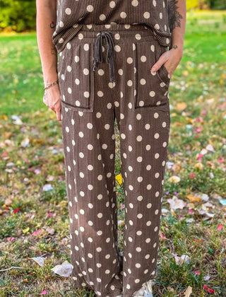 Mocha Dot Ribbed Wide Leg Pants – Brown & Cream Polka Dot - Barbwire n Bougie Boutique