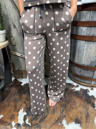 Mocha Dot Ribbed Wide Leg Pants – Brown & Cream Polka Dot - Barbwire n Bougie Boutique