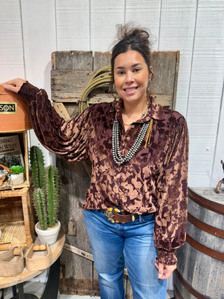 Mocha Velvet Jacquard Floral Blouse – Western Dressy Button Down Top - Barbwire n Bougie Boutique