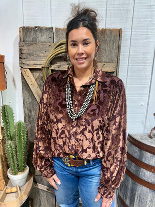 Mocha Velvet Jacquard Floral Blouse – Western Dressy Button Down Top - Barbwire n Bougie Boutique