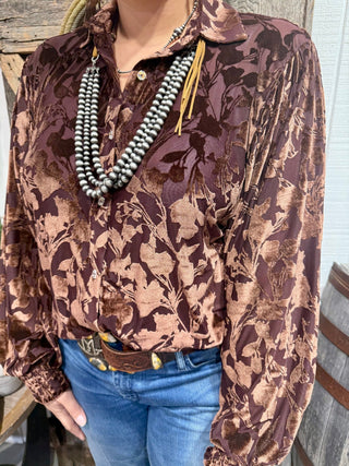 Mocha Velvet Jacquard Floral Blouse – Western Dressy Button Down Top - Barbwire n Bougie Boutique