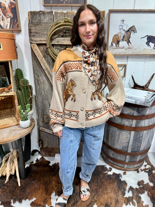 Mustard Cowboy Knit Cardigan | Western Fair Isle Button Front Sweater - Barbwire n Bougie Boutique