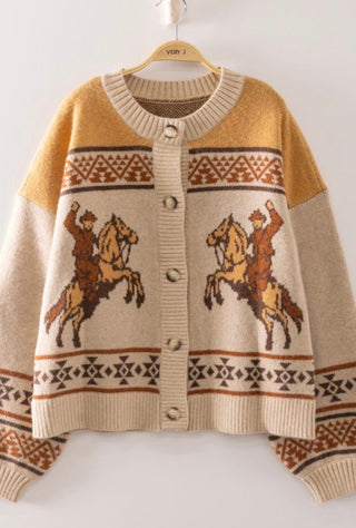 Mustard Cowboy Knit Cardigan | Western Fair Isle Button Front Sweater - Barbwire n Bougie Boutique