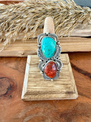 Native American Albert Cleveland Sterling Turquoise & Spiny Ring - Barbwire n Bougie Boutique