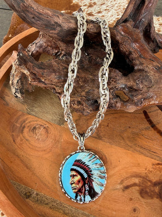 Native American Chief Portrait Pendant Necklace – Silver Chain Western Statement Jewelry - Barbwire n Bougie Boutique