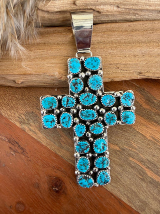 Native American Kingman Turquoise Sterling Silver Cross Pendant – 4” - Barbwire n Bougie Boutique